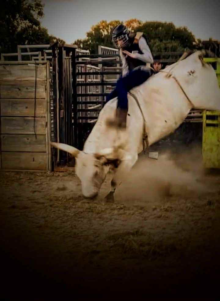 Sepia-toned edit of a bull rider with the bull's head lowered, vignetted at the edges.